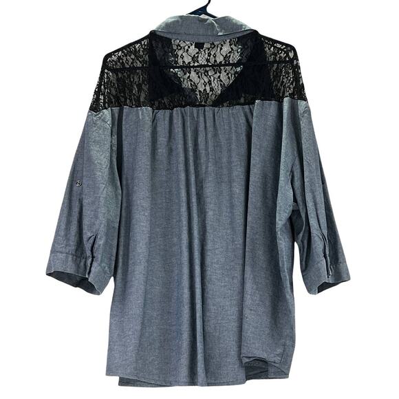 Beverly Drive Chambray & Lace Blouse Tunic 3/4 Roll Tab Plus 20-22W Blue Black - Picture 2 of 12